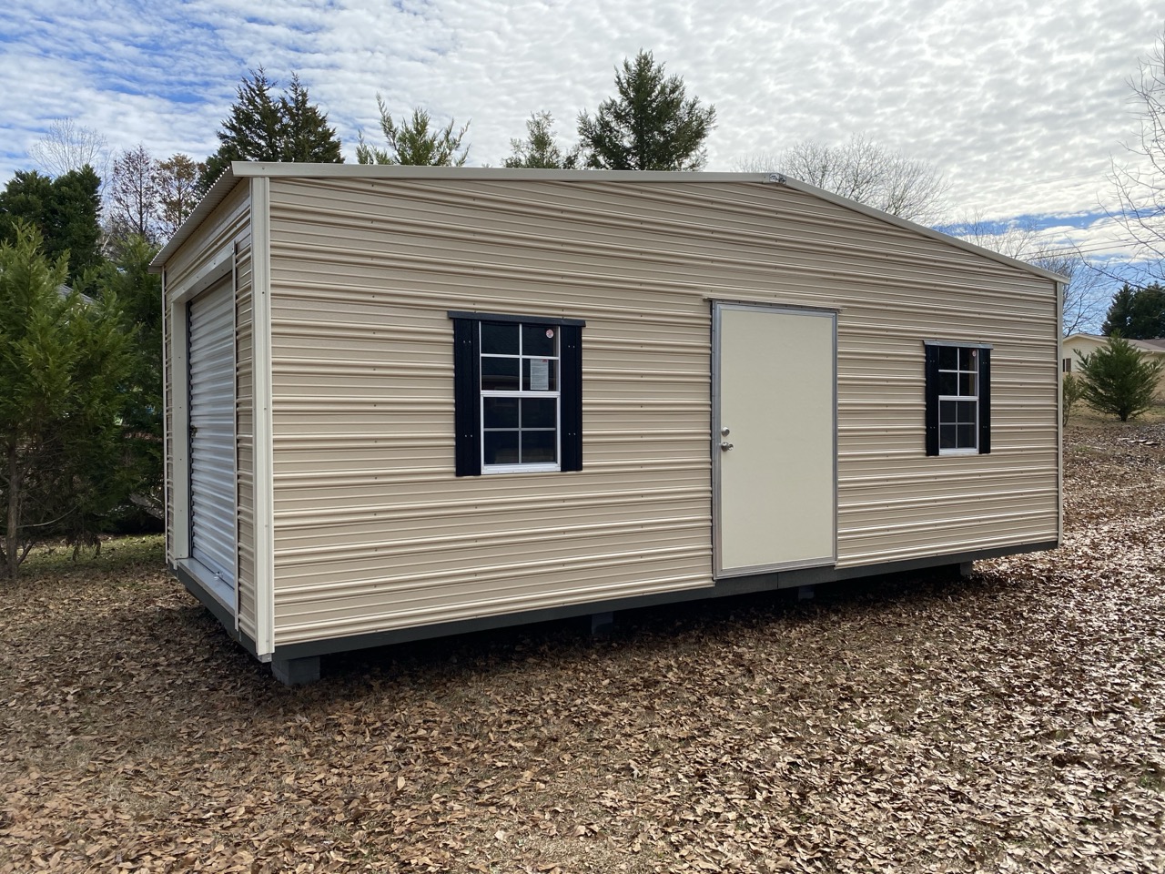 Aluminum shed with side roll-up door