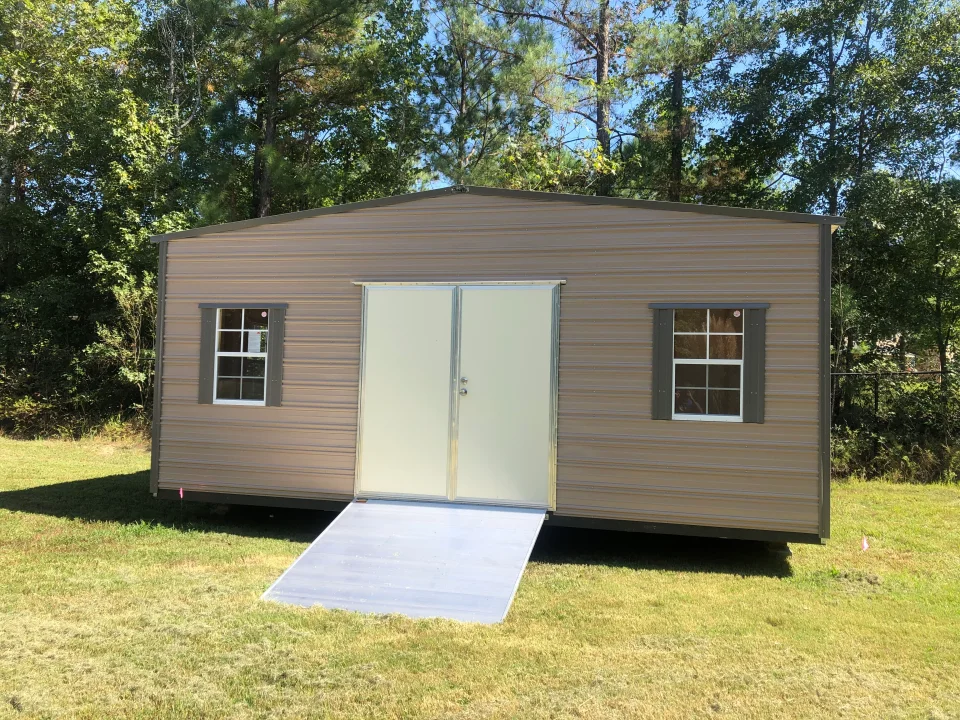 12x20 aluminum shed with standard double door and ramp