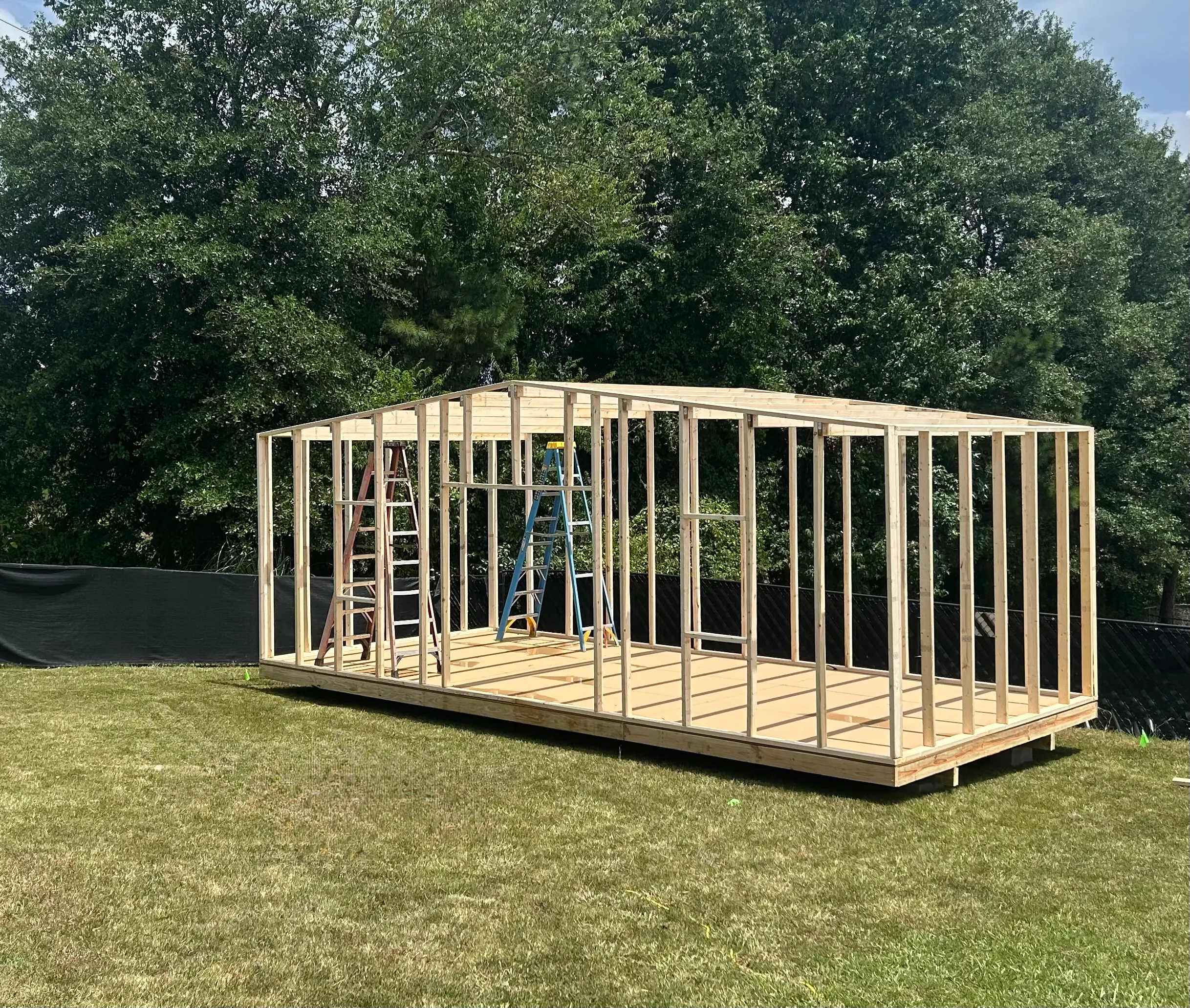 Shed framing in progress during on-site build