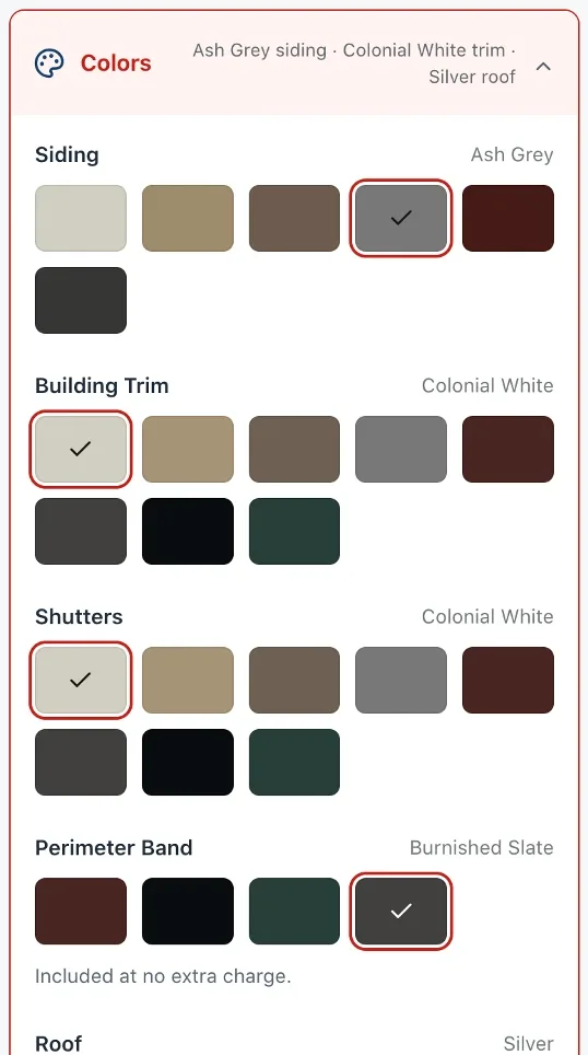 Colors section with swatches for siding, building trim, shutters, and perimeter band