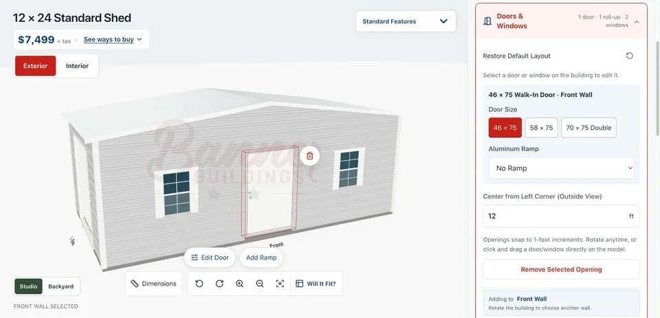 A walk-in door selected on the 3D model with door size options 46 by 75, 58 by 75, and 70 by 75 double, plus an aluminum ramp option