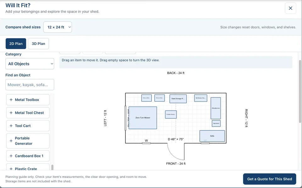 Will It Fit 2D floor plan of a 12 by 24 shed with a mower, shelving, a wheelbarrow, and a sofa placed around the door and windows