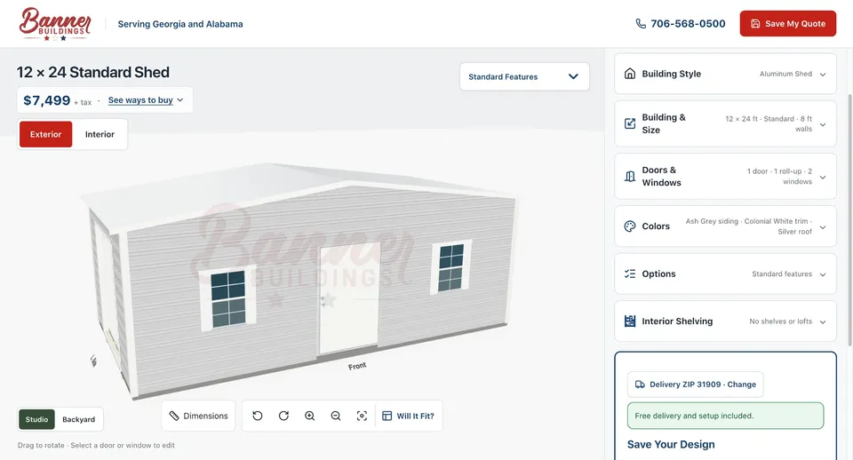 Banner Buildings 3D shed designer showing a 12 by 24 aluminum shed with an estimated price of $7,499 plus tax and the design options panel
