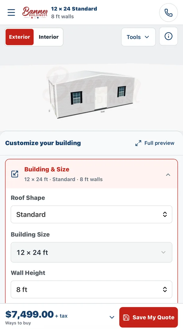 Customize your building panel on a phone with roof shape, building size, and wall height options