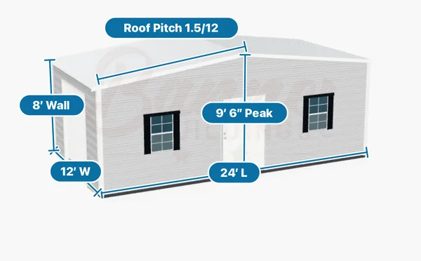 12 by 24 shed labeled with 12 foot width, 24 foot length, 8 foot wall, 9 foot 6 inch peak, and 1.5/12 roof pitch