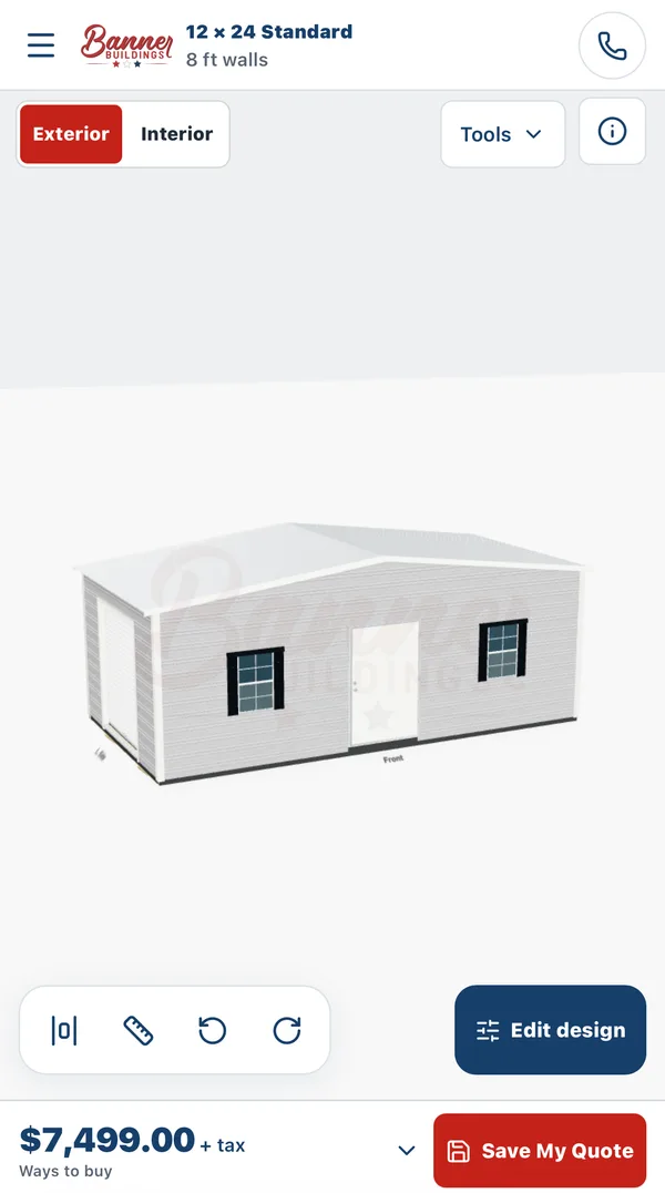 3D designer on a phone showing a 12 by 24 aluminum shed with the estimated price and Save My Quote button at the bottom