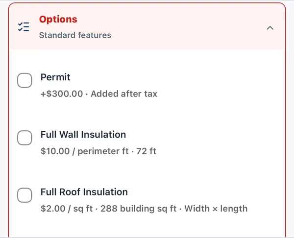 Options section with checkboxes for a permit, full wall insulation priced per perimeter foot, and full roof insulation priced per square foot
