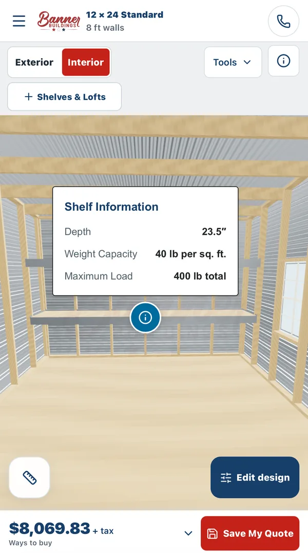 Shelf information showing 23.5 inch depth, 40 pounds per square foot weight capacity, and 400 pounds maximum load