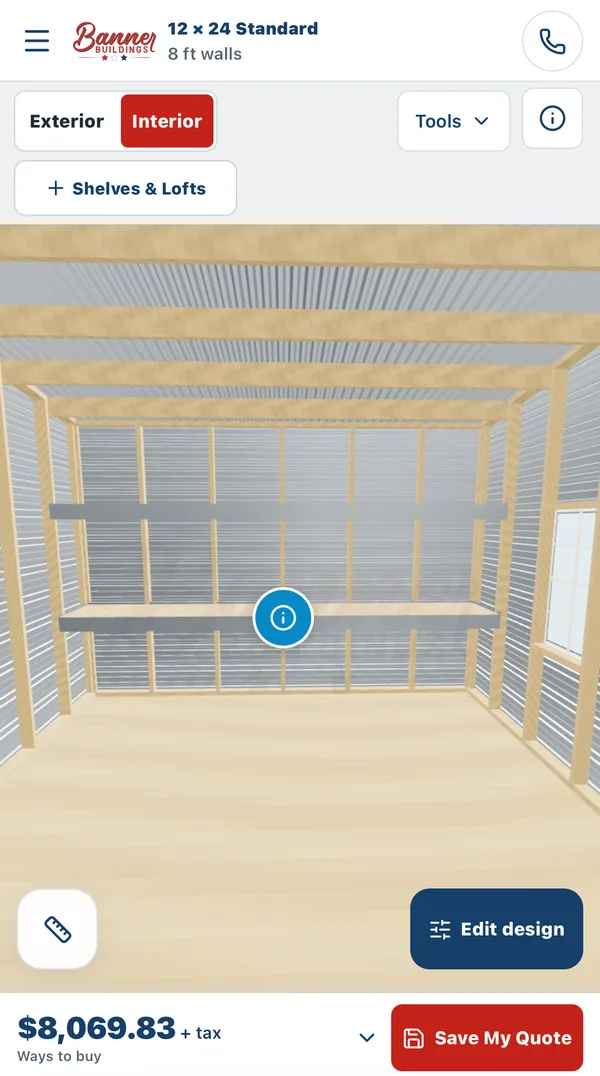 Interior view of a 12 by 24 aluminum shed with two shelves along the back wall