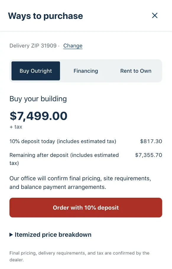 Ways to purchase panel showing the estimated price with tabs for Buy Outright, Financing, and Rent to Own, and an itemized price breakdown