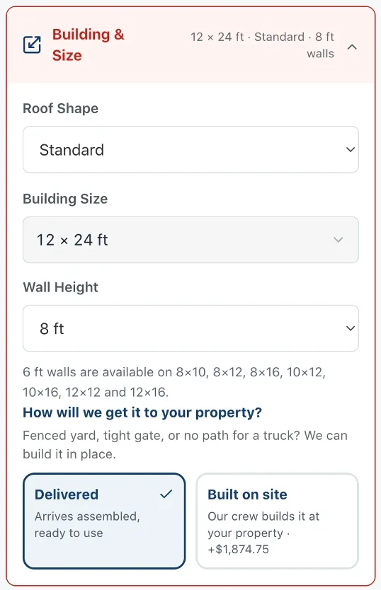 Building and Size section showing roof shape, building size 12 by 24 feet, wall height 8 feet, and the Delivered or Built on site choice