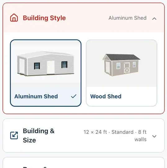 Building Style section with Aluminum Shed selected and Wood Shed as the other option