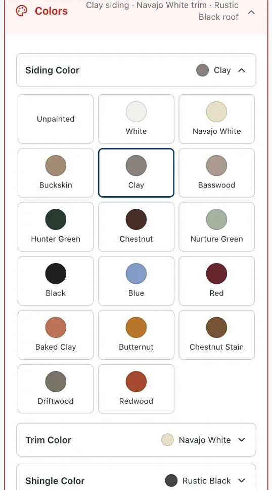 Wood shed siding color options including Unpainted, White, Navajo White, Buckskin, Clay, Basswood, Hunter Green, Chestnut, Red, and Redwood