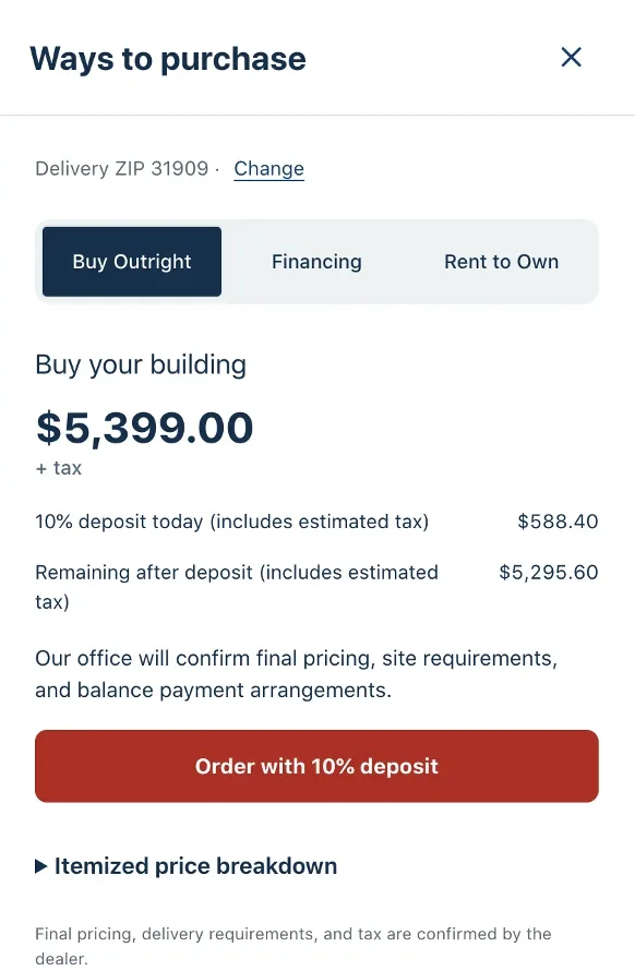 Ways to purchase panel for a 10 by 12 wood shed showing $5,399 plus tax with Buy Outright, Financing, and Rent to Own tabs