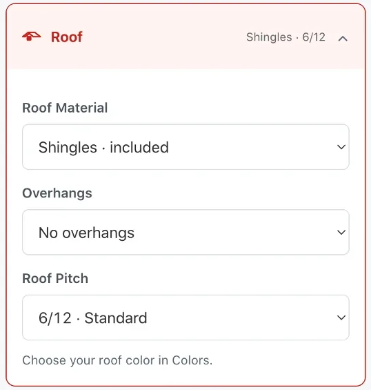Wood shed Roof section with roof material set to shingles, no overhangs, and a 6/12 standard roof pitch