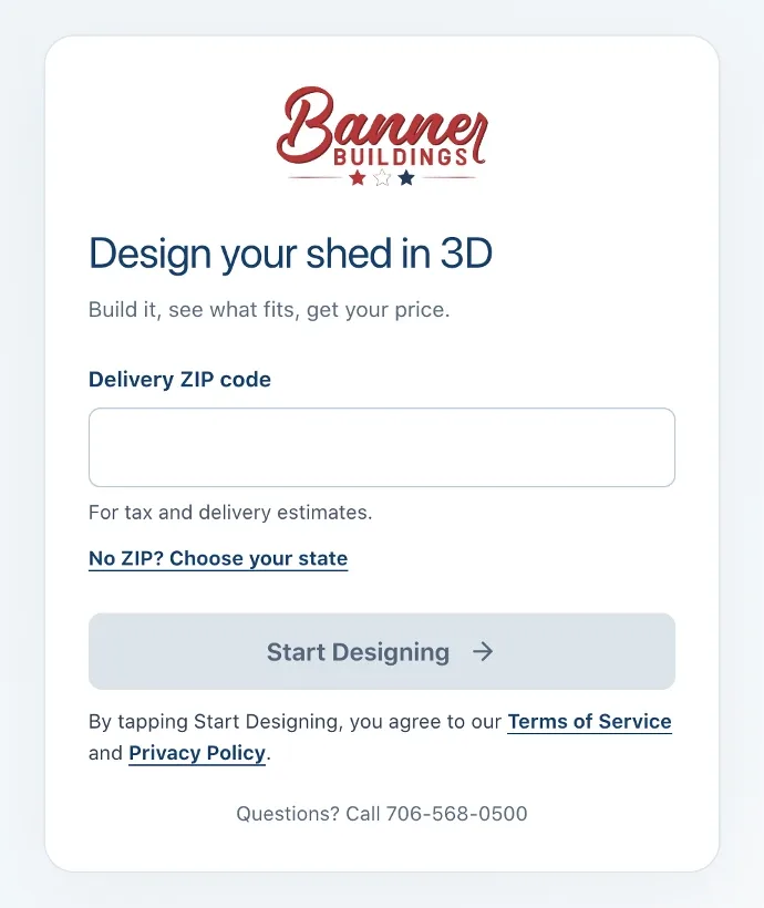 Start screen of the 3D designer asking for a delivery ZIP code, with a Start Designing button
