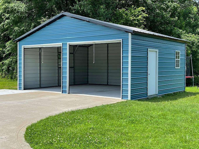 Two-car enclosed metal garage by Banner Buildings in Columbus GA