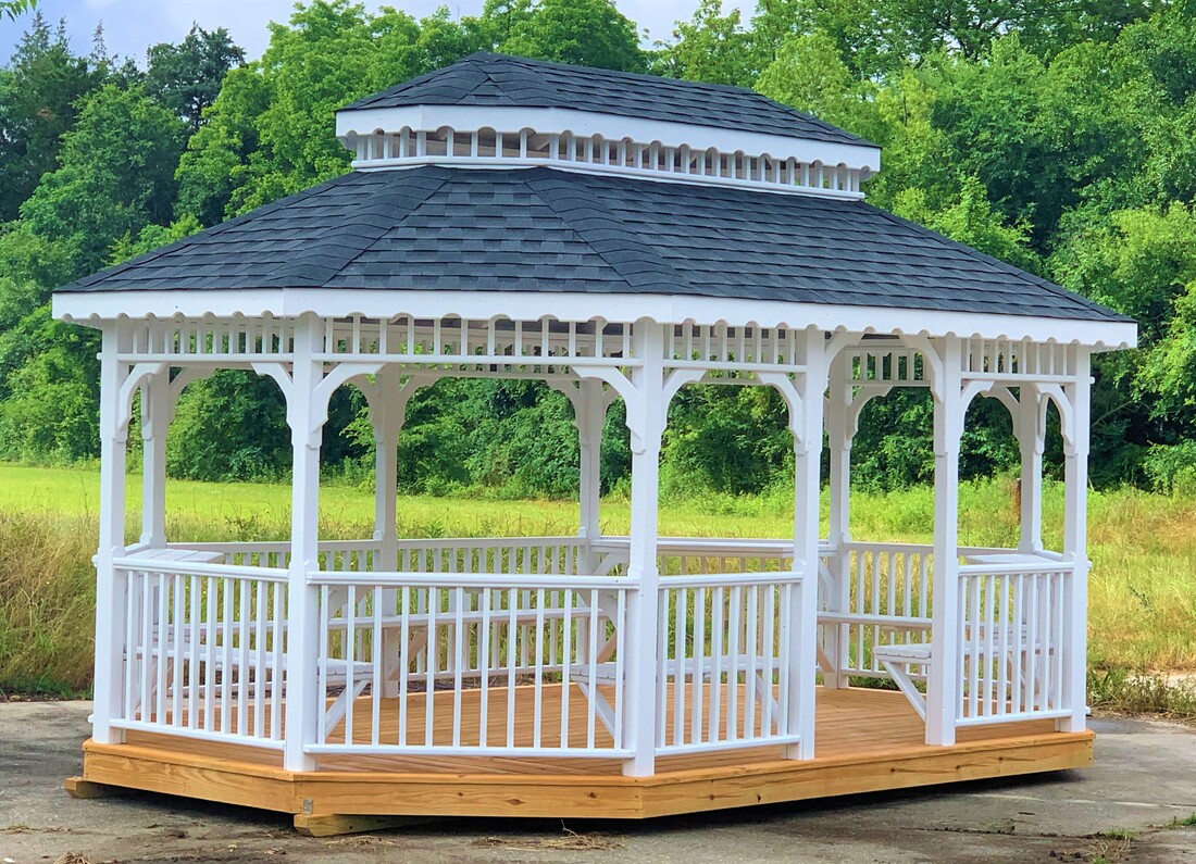 12x18 oval gazebo with double shingle roof and benches