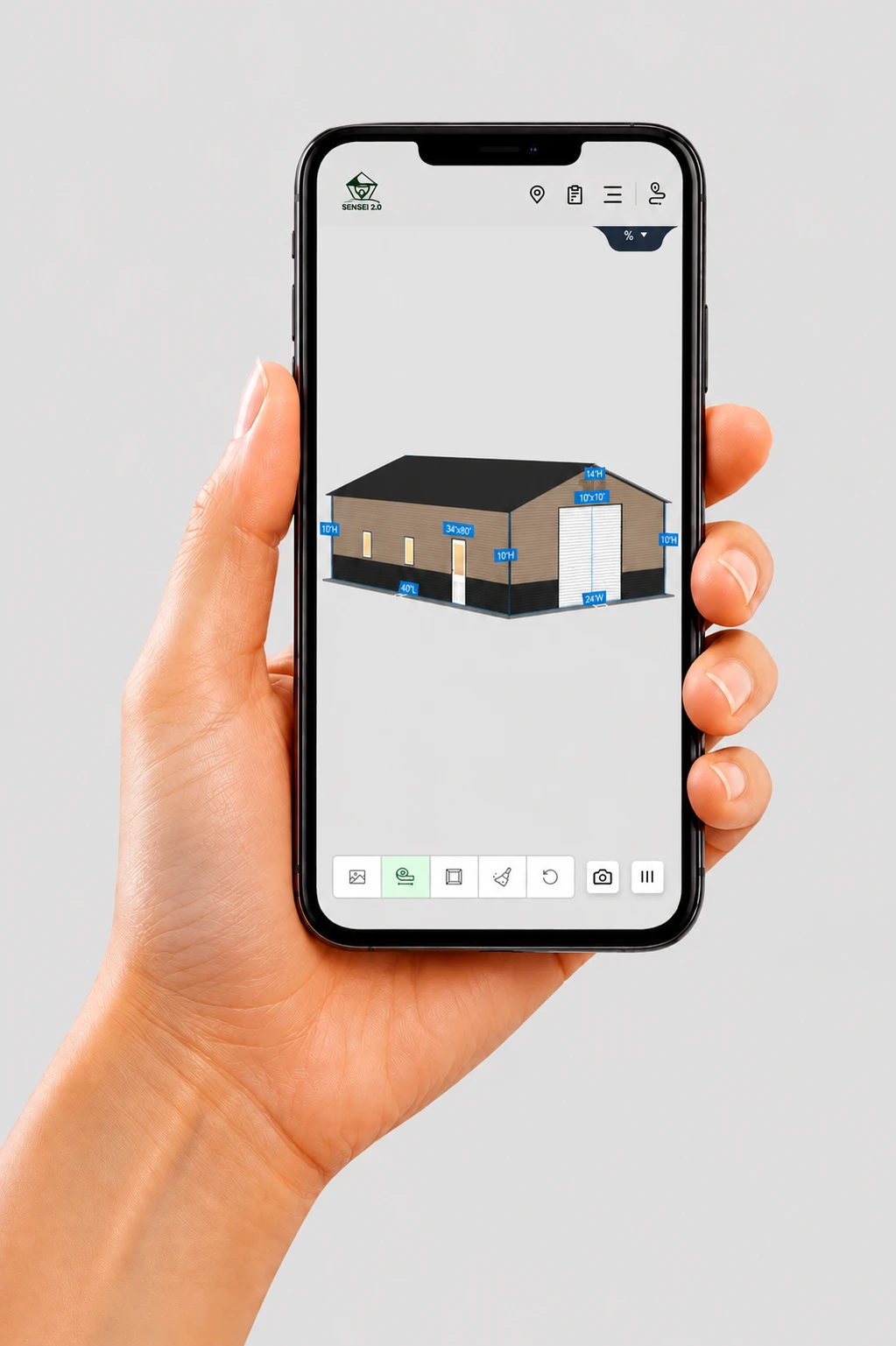 Phone showing 3D carport and garage design tool