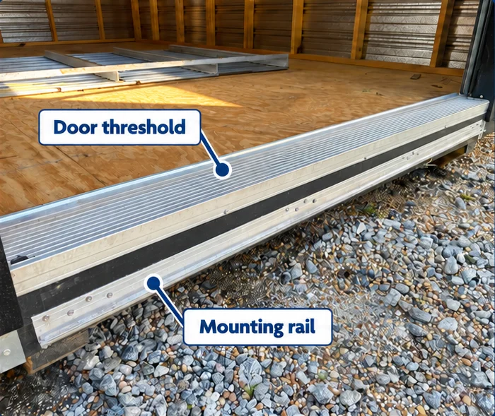 Aluminum mounting rail fastened along the door threshold of a shed, labeled door threshold and mounting rail