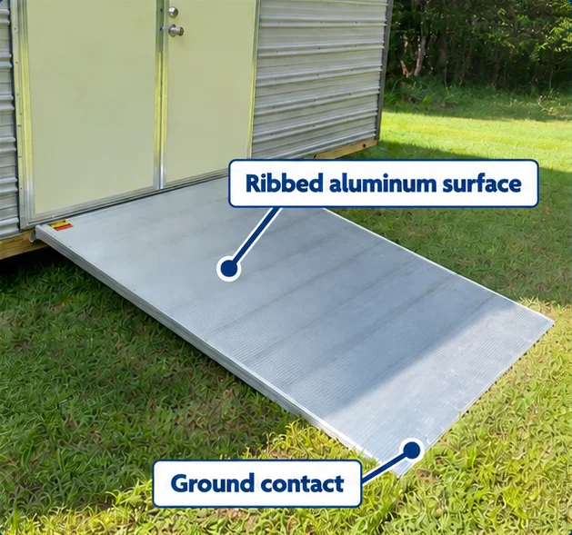 Aluminum ramp at the double doors of a shed, labeled ribbed aluminum surface and ground contact