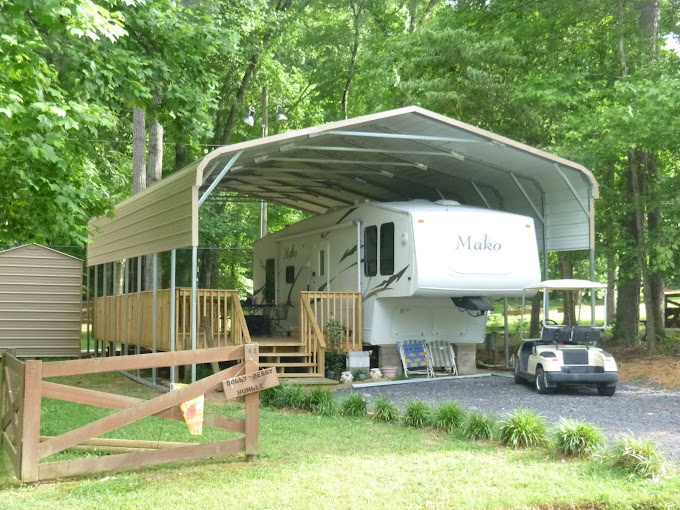 Large RV cover with fifth-wheel camper underneath