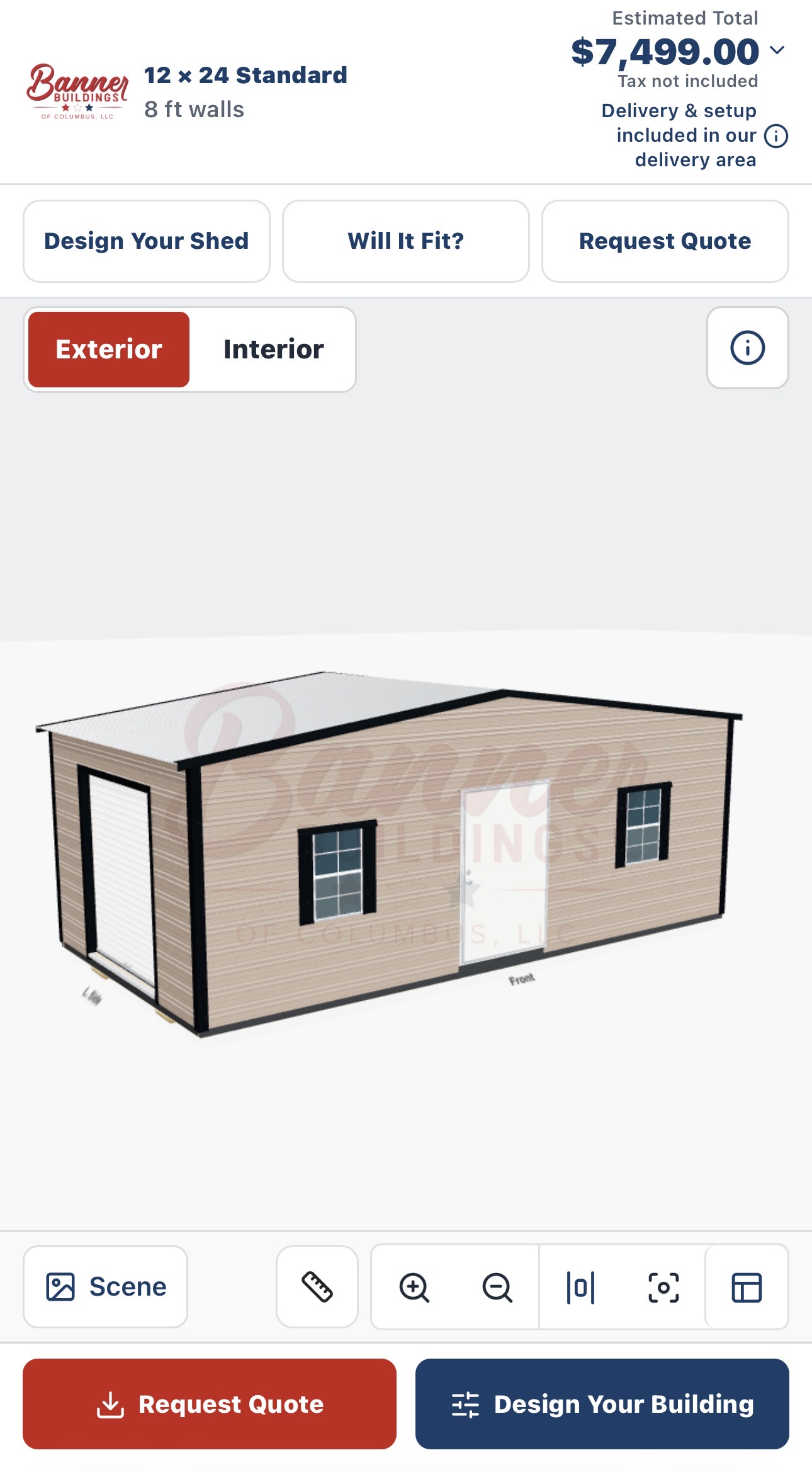 Banner Buildings shed configurator showing a 12 by 24 aluminum shed and design controls