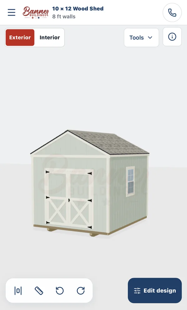 Banner Buildings 3D designer on a phone showing a 10 by 12 wood shed with sage green siding, white trim and a double door